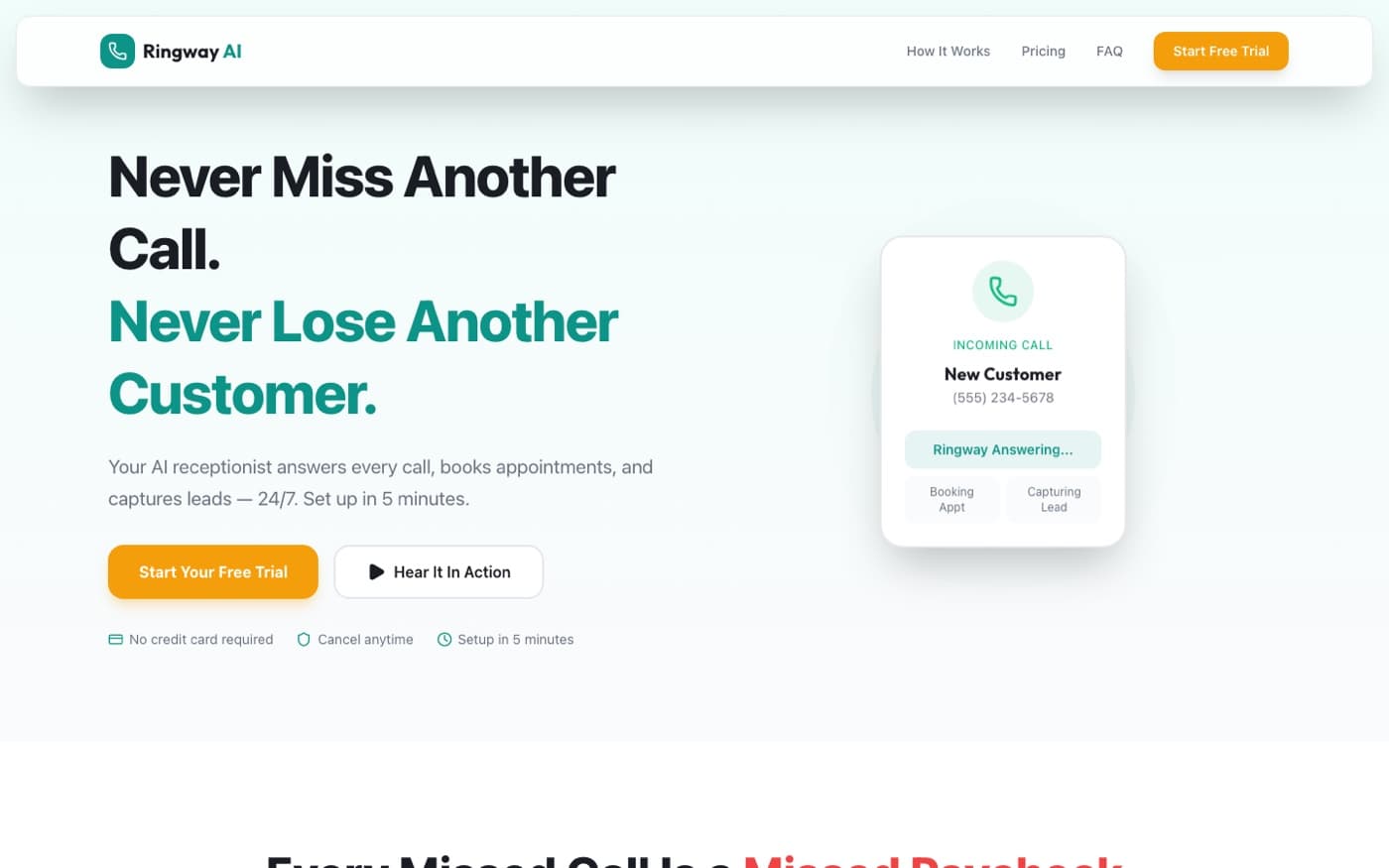 Live screenshot of the Ringway AI receptionist website homepage