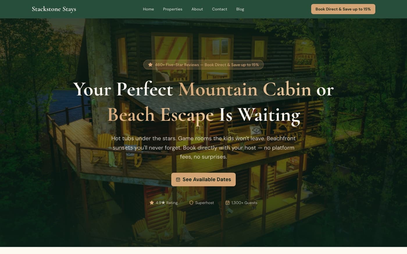 Live screenshot of the StackstoneStays direct-booking website homepage